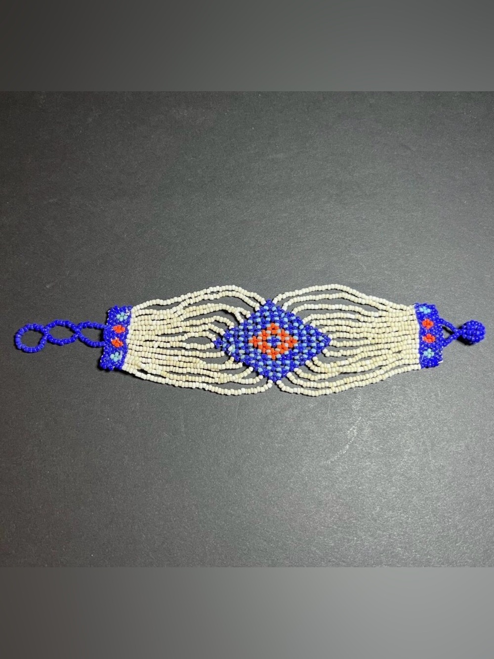 Vintage Handmade Blue, Ivory & Orange Indigenous Tribal Seed Beaded Bracelet